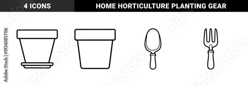 Gardening equipment and potted plant maintenance elements in bold monoline style. Minimalist outline silhouettes for horticulture, urban farming, and domestic planting projects.