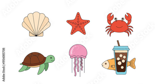 Ocean creatures and drink cartoon illustration