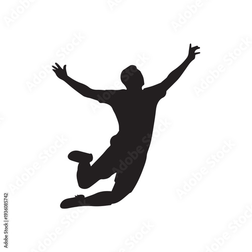Black Silhouette of a Young Man Jumping High With Arms Outstretched.