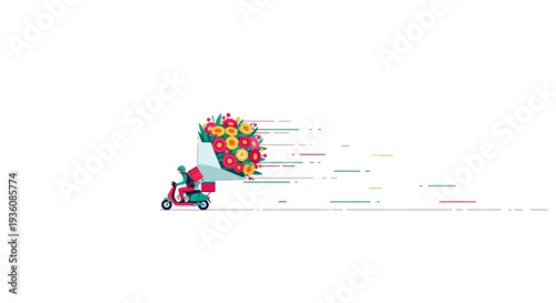A cheerful courier on a speedy scooter ensures the rapid delivery of a beautiful, colorful floral arrangement to a happy recipient.