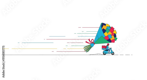 A cheerful delivery person on a speedy scooter transports an enormous, colorful bouquet, bringing happiness and timely floral gifts to a special celebration.