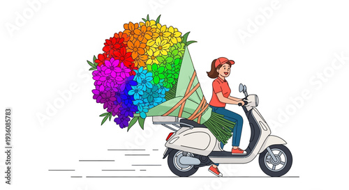 A cheerful woman delivers a vibrant, rainbow-colored bouquet of fresh flowers on a white scooter, symbolizing joy and efficient service.