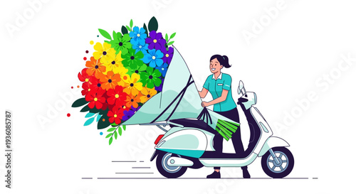 A cheerful woman on a scooter efficiently delivers an enormous, vibrant rainbow-colored flower bouquet, symbolizing joy, celebration, and modern express service.
