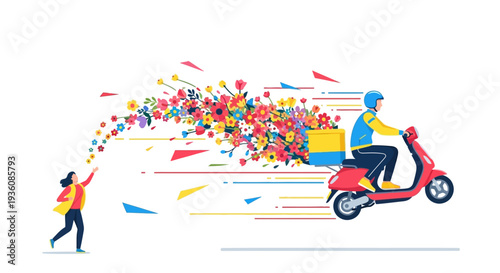 A dynamic illustration of a delivery person on a red scooter, leaving a beautiful, vibrant trail of colorful flowers and abstract shapes, symbolizing fast and joyful service.