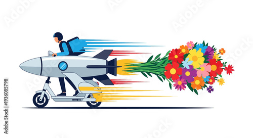 A dynamic illustration depicts a delivery person on a rocket-powered scooter, rapidly transporting a vibrant bouquet of fresh flowers with exceptional speed and efficiency.