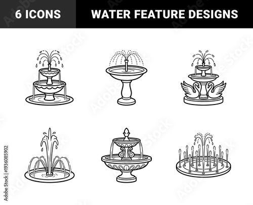 Outdoor water fountain architecture and garden landscaping elements. Monoline ornamental park features with tiered basins, swan sculptures, and spray nozzles.