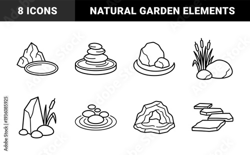 Zen garden landscaping elements and nature meditation symbols. Minimalist monoline bold stroke rock formations, balanced stones, and aquatic plants.