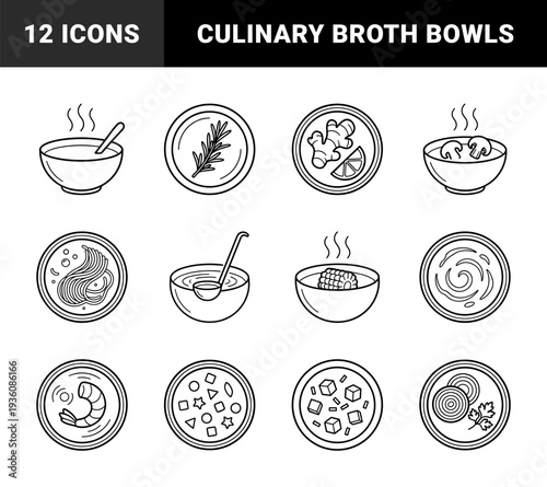 Gourmet soup ingredients and broth varieties in minimalist monoline style. Culinary line art featuring ramen, chowder, garnish, and vegetable soup elements.