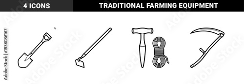 Manual farming tools and traditional gardening equipment in a bold monoline aesthetic. Outline illustrations featuring a hoe, shovel, scythe, and dibber with rope.