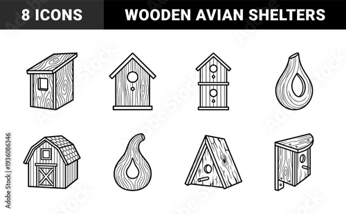 Birdhouse woodworking designs and avian shelter models. Rustic hand-drawn line art featuring varied wooden nesting boxes for garden wildlife conservation.