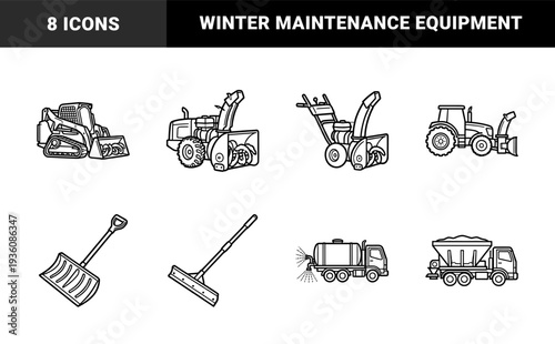 Snow removal equipment and winter maintenance machinery. Heavy duty monoline technical illustrations featuring snowblowers, tractors, plows, and salt spreaders.