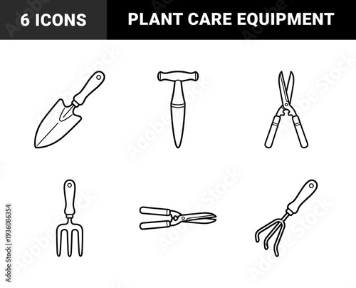 Manual gardening hand tools for soil cultivation and plant maintenance. Minimalist monoline black and white graphics for horticulture and landscaping projects.