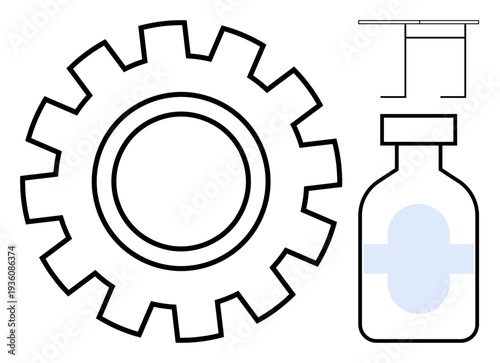 Technology, healthcare, innovation, medical research, engineering, system optimization. Gear alongside medical vial. Technology and healthcare progress and innovation in science