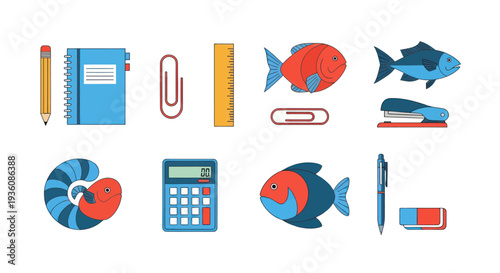 Set of office supplies and cartoon fish
