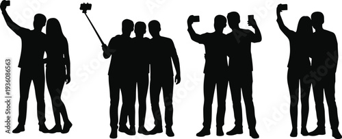 Group of friends taking selfie silhouettes, young men and women with smartphones isolated on white background vector illustration