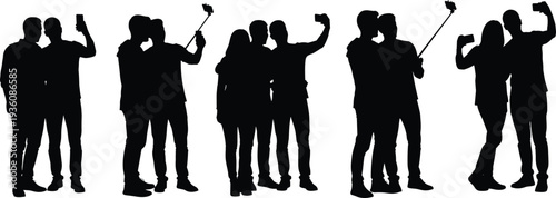 Group of friends taking selfie silhouettes, young people using smartphone and selfie stick isolated vector illustration collection