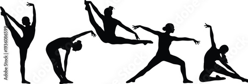 Gymnast silhouette collection, female athlete performing splits jumps and stretching poses isolated on white background illustration