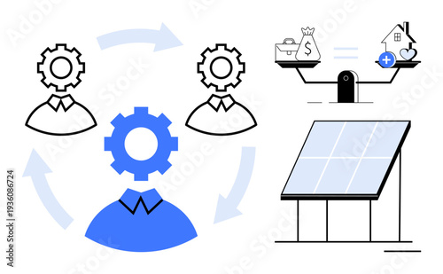 Renewable energy systems. Renewable energy driving sustainable practices with balanced resources, including solar energy integration for housing. Renewable energy highlights eco-conscious solutions
