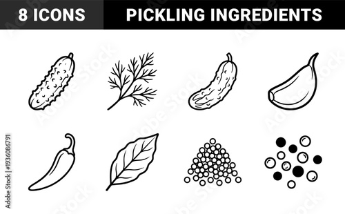 Pickling ingredients and fermentation elements for homemade preserves. Hand-drawn rustic line art featuring organic cucumber, dill, garlic, and spice aromatics.