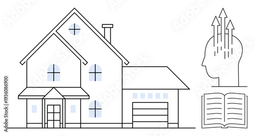 Knowledge concept. Knowledge is ed with symbols of an open book and head with arrows, alongside a suburban house illustration. Knowledge fosters growth and learning. For education, home learning