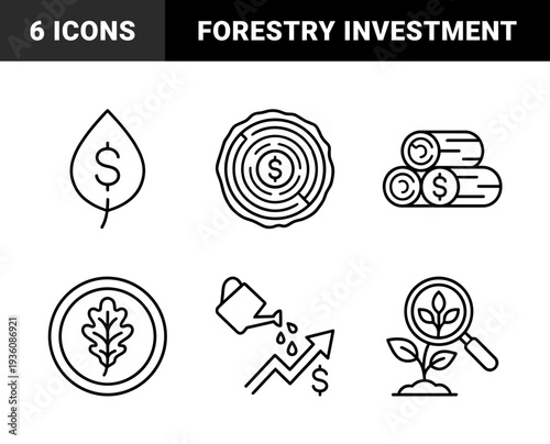 Sustainable forestry and timber investment monoline elements. Linear graphic assets featuring wood production, carbon credits, and environmental growth concepts.