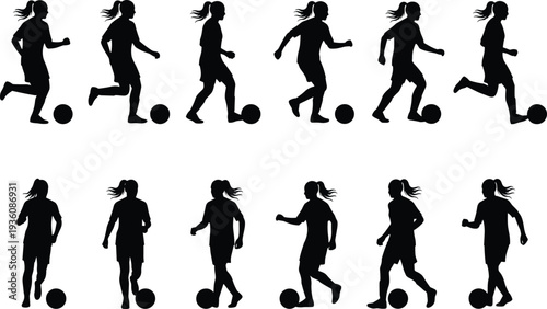 Female soccer player silhouette sequence, woman football dribbling motion poses, sports action illustration set isolated on white background