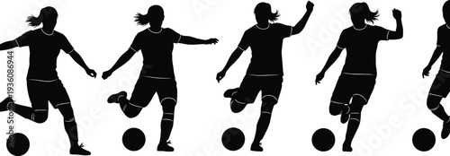 Female soccer player silhouette, football action sequence, dynamic sports movement, athlete kicking ball, black and white vector illustration