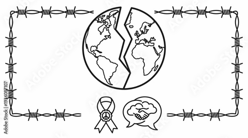 A fractured Earth surrounded by barbed wire, symbolizing global conflict and division, viewed from a straightforward illustration