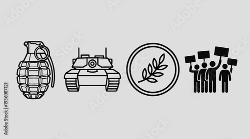Illustration of war and peace symbols including grenade, tank, olive branch, and protesting figures in a symbolic representation