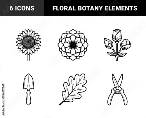 Botanical gardening and floral cultivation line art elements featuring dahlia, sunflower, rose buds, oak leaf, trowel, and bypass pruners.