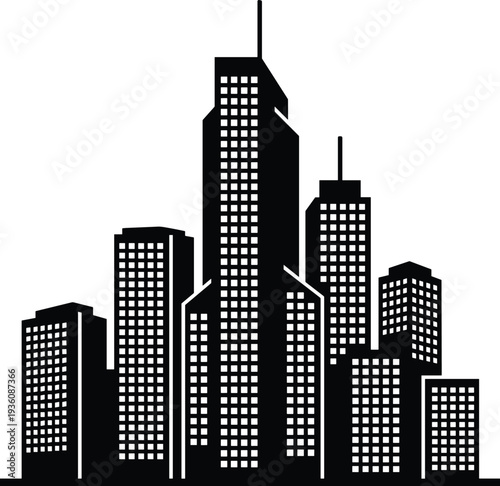 Minimal vector silhouette, city skyline with residential buildings, solid black, isolated on white.