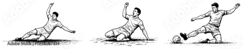 Professional soccer players performing action moves like sliding and kicking ball in engraving style