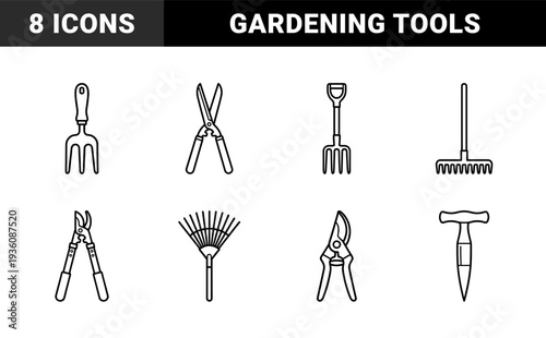 Professional gardening tools and horticultural maintenance equipment. Technical monoline design featuring pruners, rakes, shears, and digging forks for landscaping projects.