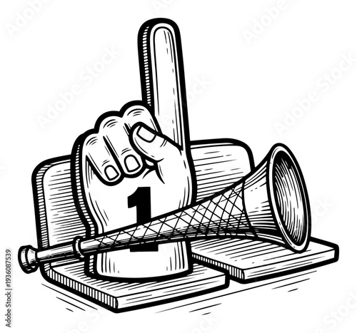 Soccer fan foam finger and stadium horn accessories on bleachers seat in vintage style