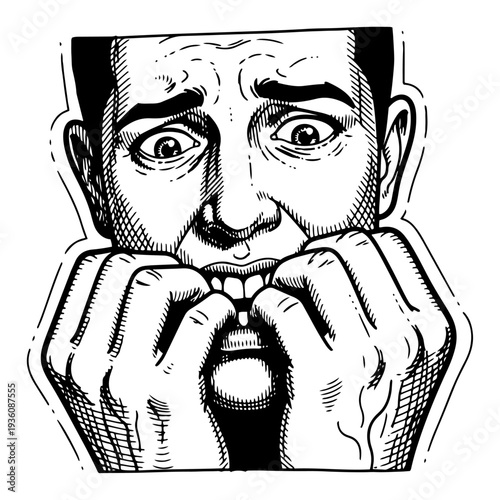 Terrified man biting his nails in woodcut engraving style expressing extreme anxiety and fear