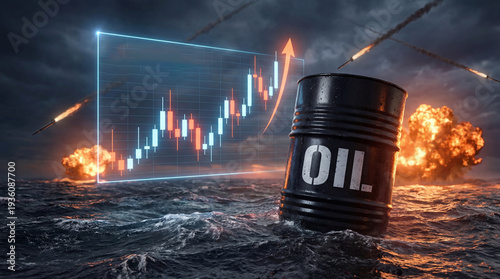 Global oil price surge amidst conflict: candlestick chart, barrel, and explosions