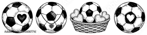 Collection of soccer balls with heart shapes and a basket for Valentines Day sports theme