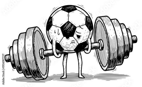 Tired soccer ball character lifting heavy barbell in vintage woodcut style