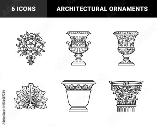 Classical architectural ornaments and botanical engraving elements for luxury branding. Traditional baroque urns, corinthian column capitals, and floral rosettes in fine line art style.
