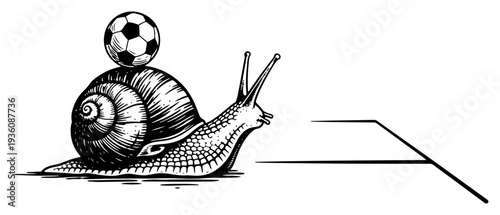 Slow snail carrying a soccer ball on its shell towards the finish line