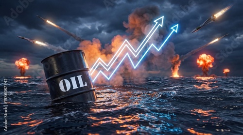 Global oil price surge amidst war and conflict: barrel, rising graph, explosions