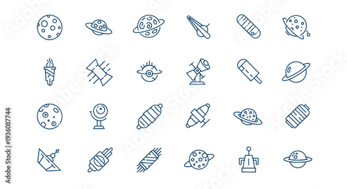Space icons set planets satellites and tools