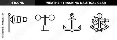 Navigational and meteorological equipment for maritime and aviation industries. Technical monoline graphics featuring anemometer, windsock, sextant, and nautical anchor.