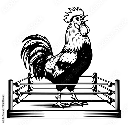 Strong rooster standing in the center of a professional boxing ring