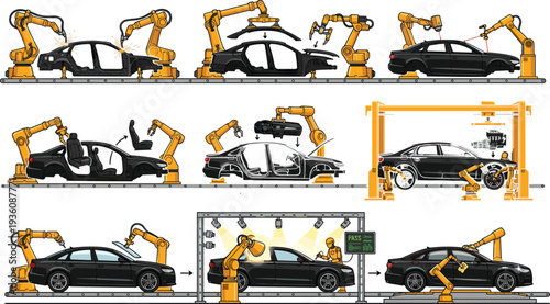 Automated car manufacturing process with industrial robots assembling vehicle body, interior, engine, and inspection in a flat vector illustration style.