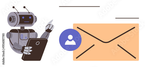 Artificial intelligence, email management, digital communication, automation tools, online correspondence, productivity tools. A robot holding a tablet near an envelope and user icon. AI