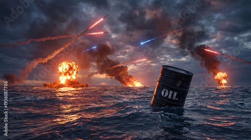 Oil barrel in war-torn ocean with missiles and explosions under stormy sky