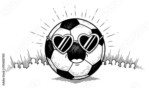 Happy soccer ball mascot with heart sunglasses and cheering stadium crowd background