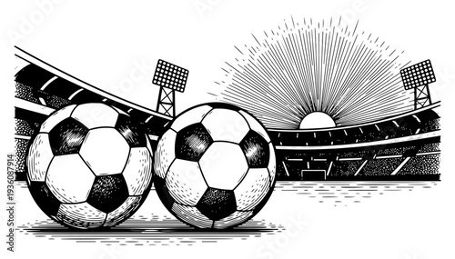 Two soccer balls on the pitch in a large stadium during sunset in vintage woodcut style