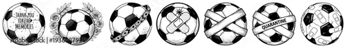 Set of circular conceptual soccer ball icons with various themes in hand drawn engraving style